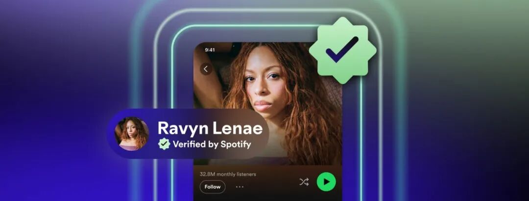 Ravyn Lenae 艺人的 Spotify 主页界面，展示其已获得绿色星形 Verified by Spotify 认证标识