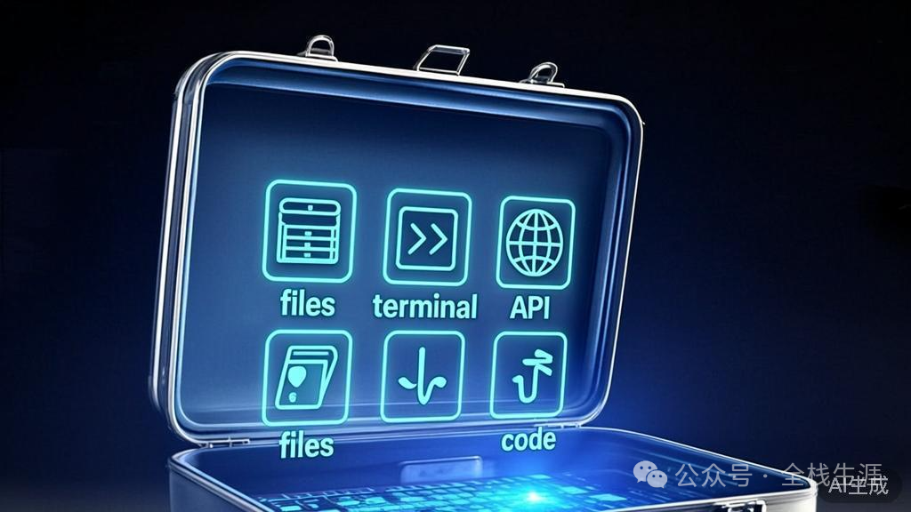 一个打开的银色金属工具箱，内部陈列着发光的文件、终端、API、代码等工具图标