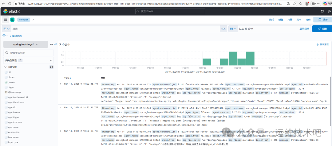Kibana Discover 页面，展示 springboot-logs 索引的 timestamp、agent.name、message 等字段