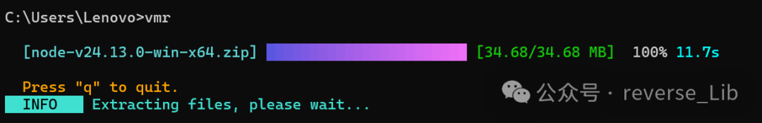 终端使用VMR解压Node.js安装包截图