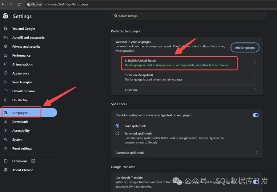 Chrome语言设置界面，需将首选语言设为English (United States)