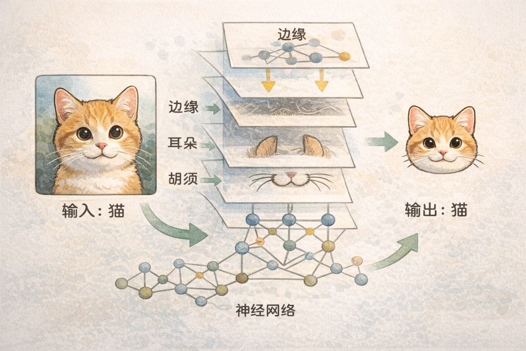 神经网络如何从输入猫的图像中逐层提取特征，最终输出猫的图像