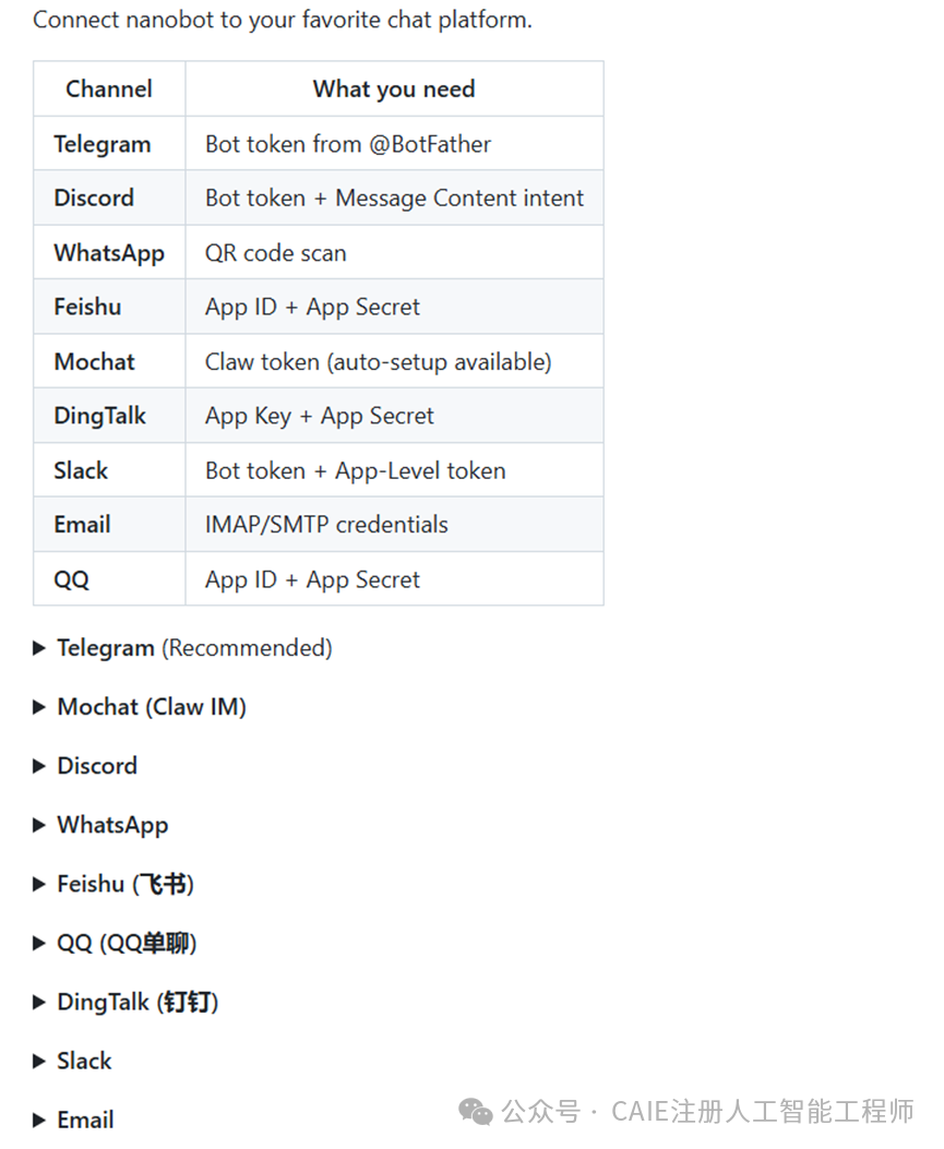 nanobot支持的聊天平台与连接配置表