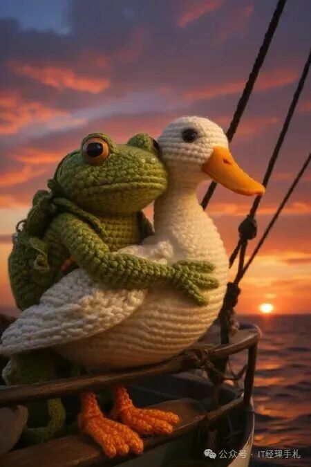 一只青蛙和一只鸭子坐在船上看夕阳