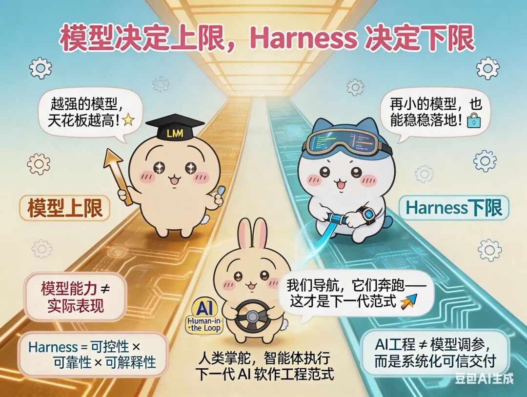 AI模型与harness工程关系科普图:模型决定上限Harness决定下限