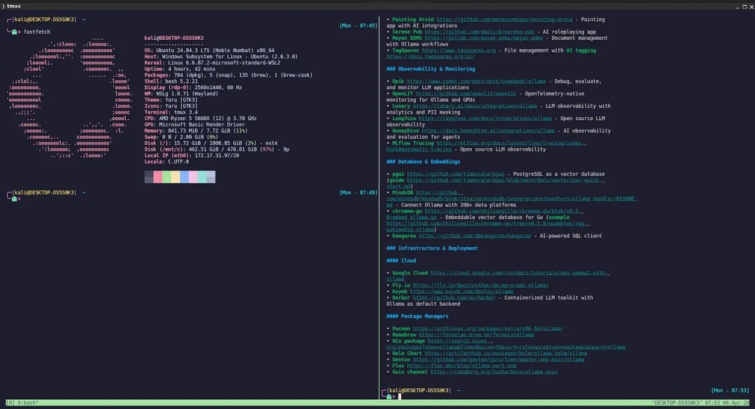 tmux 窗口下的系统信息与分类工具列表