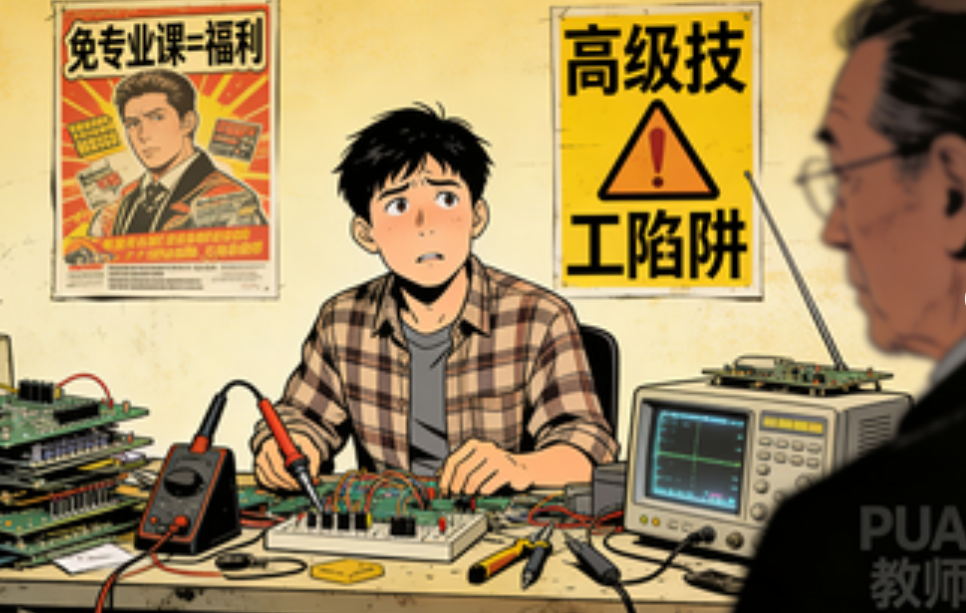 漫画：一名学生面临“免专业课福利”与“高级技工陷阱”的抉择，旁边有PUA教师形象