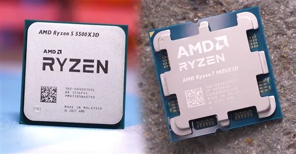 AMD Ryzen 5 5500X3D与Ryzen 7 9850X3D处理器实物对比
