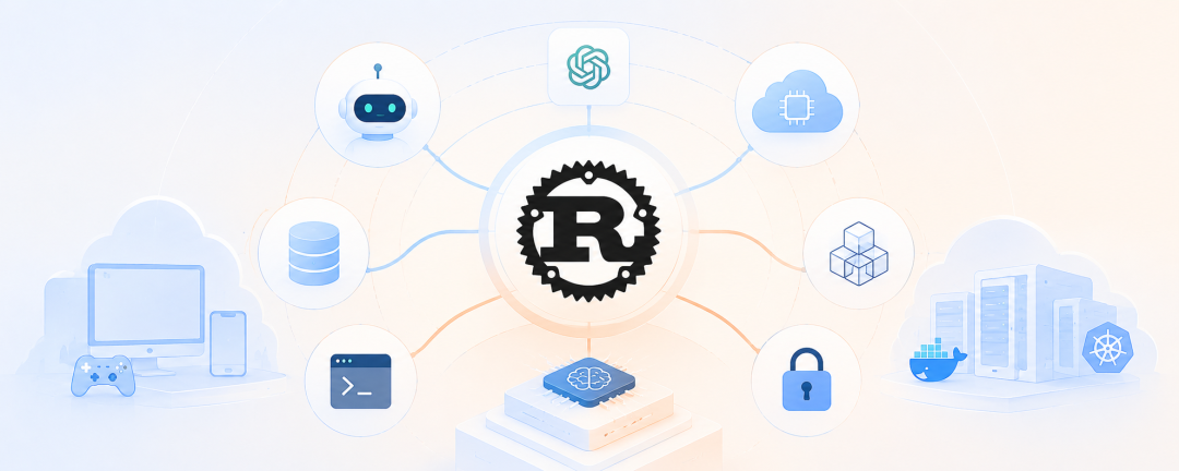 Rust生态科技插画,连接机器人、AI、Docker、K8s和数据库等图标