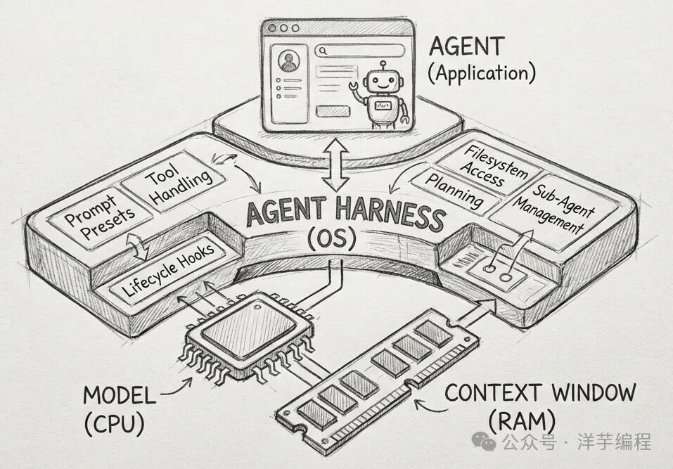 手绘风格架构图:展示AGENT HARNESS作为操作系统核心,连接上方的AGENT应用、下方的MODEL芯片与CONTEXT WINDOW内存,两侧列出Prompt Presets、Tool Handling等功能模块