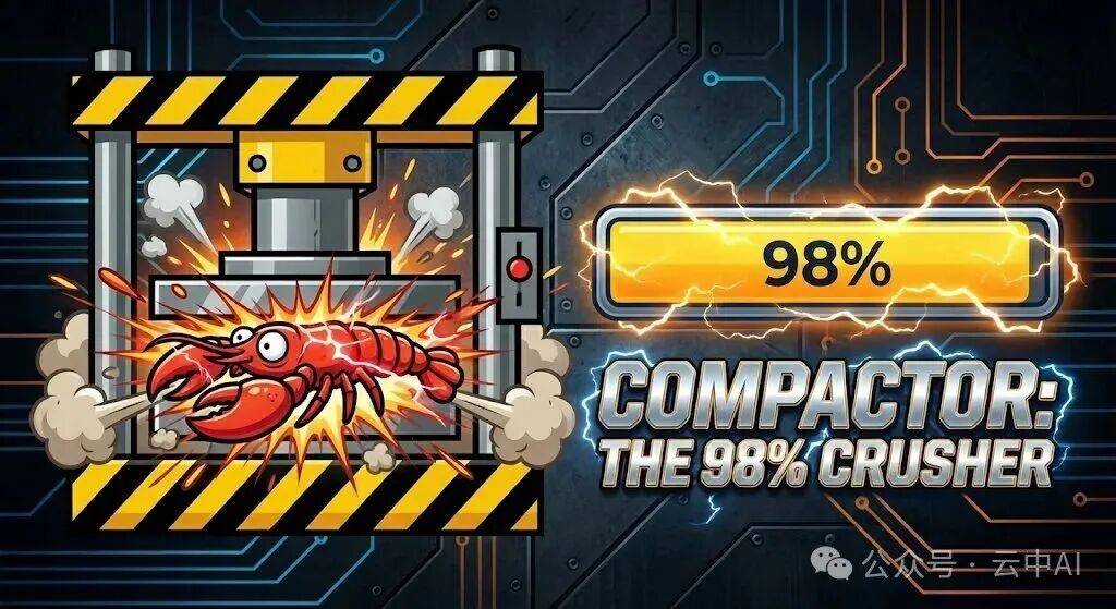 Claw Compactor项目概念图：左侧压机挤压龙虾，右侧显示98%压缩进度