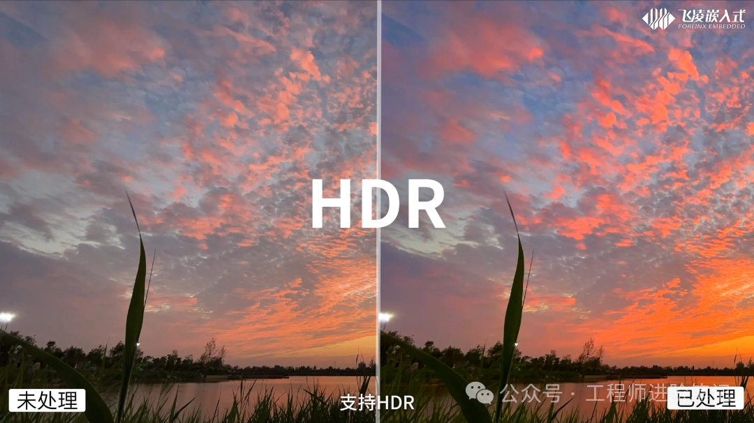 HDR图像处理效果对比，左侧未处理，右侧已处理