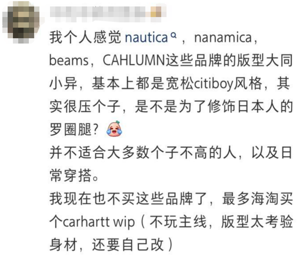 小红书用户对日系品牌版型的讨论截图