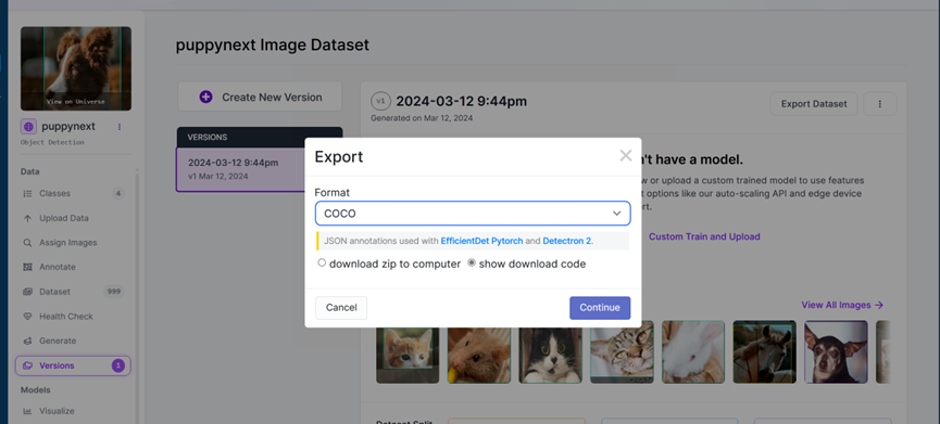 Roboflow选择COCO格式导出数据集