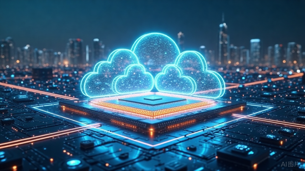 象征芯片与云计算结合的未来科技感插画：发光芯片上方悬浮着三朵数据云
