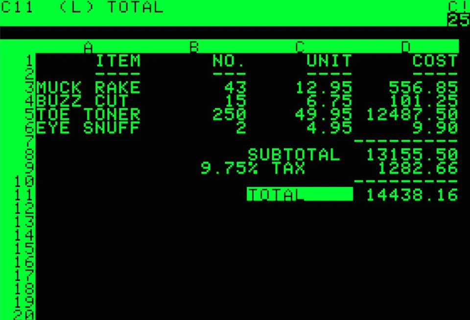 VisiCalc 早期终端界面中的商品清单与总额计算