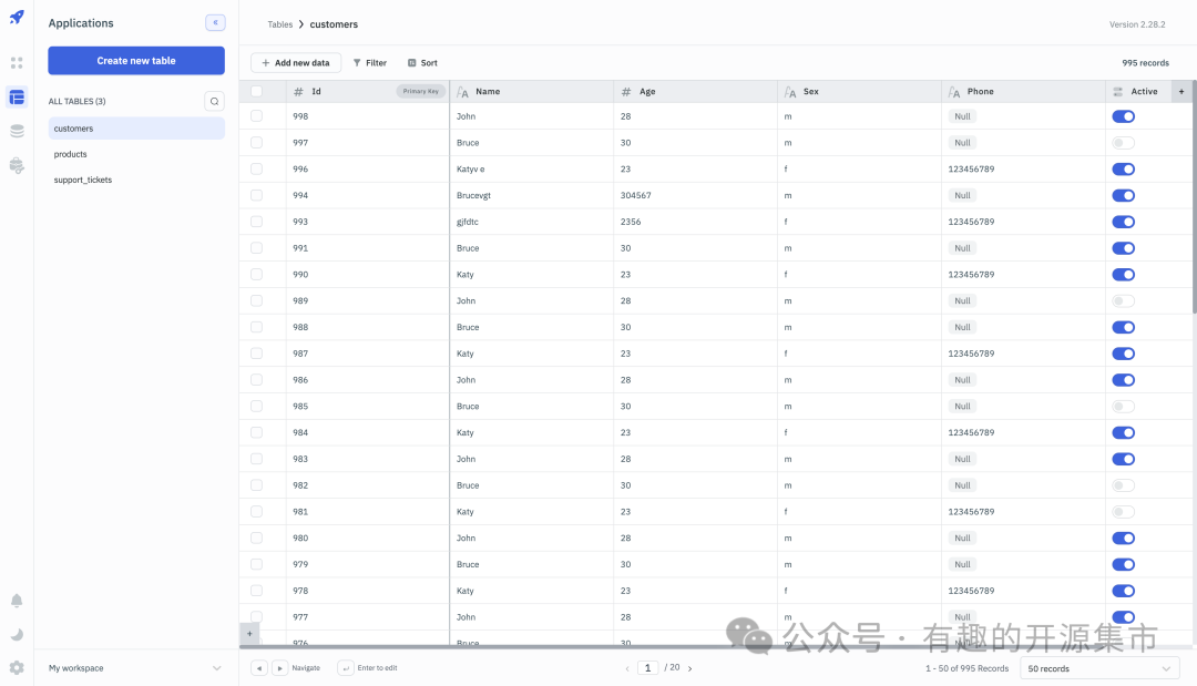 ToolJet Database 内置数据库:customers 表数据编辑视图