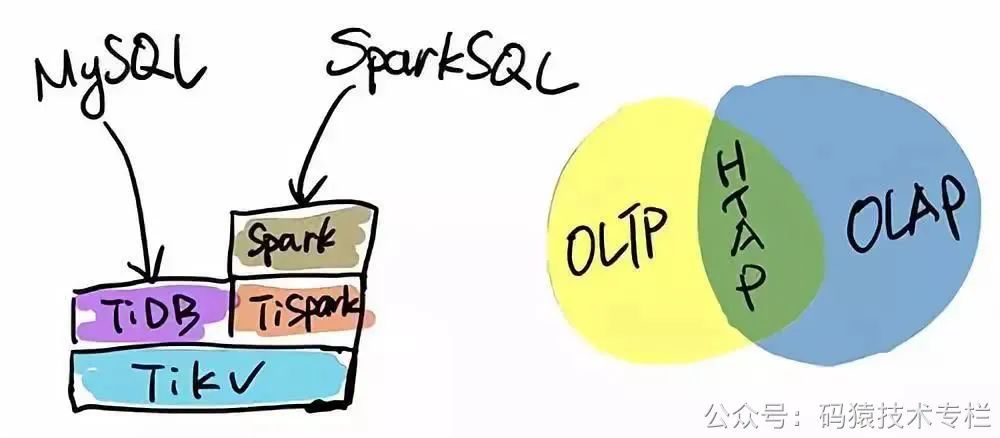 TiDB用于OLTP、HTAP、OLAP场景示意图