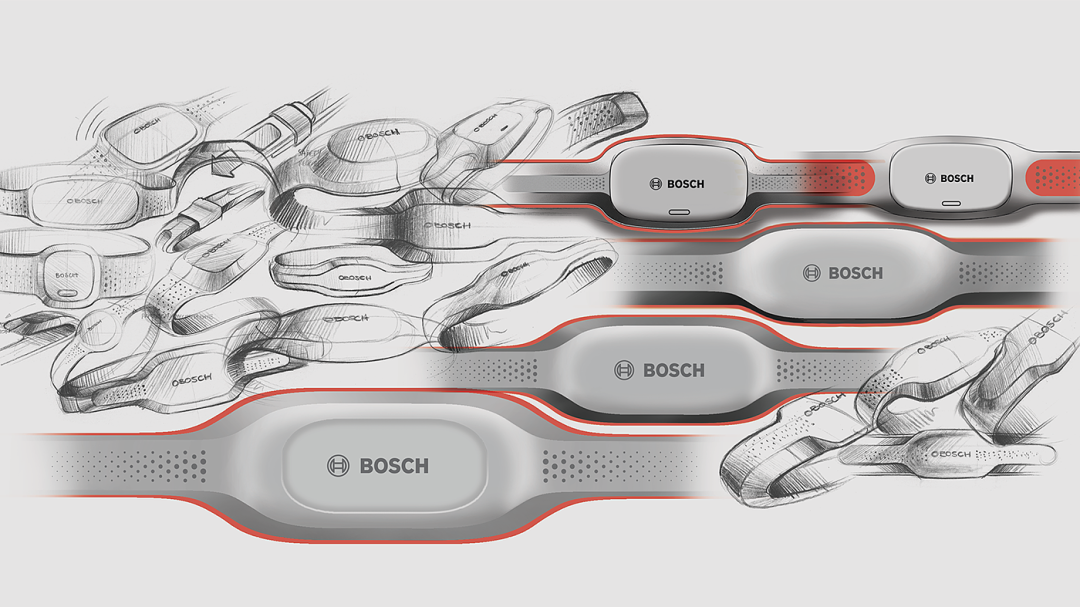 这是一幅展示博世（BOSCH）品牌手持设备设计草图和最终渲染图的图片