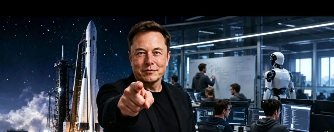 埃隆·马斯克在SpaceX办公区指向观众,背景为机器人和星舰