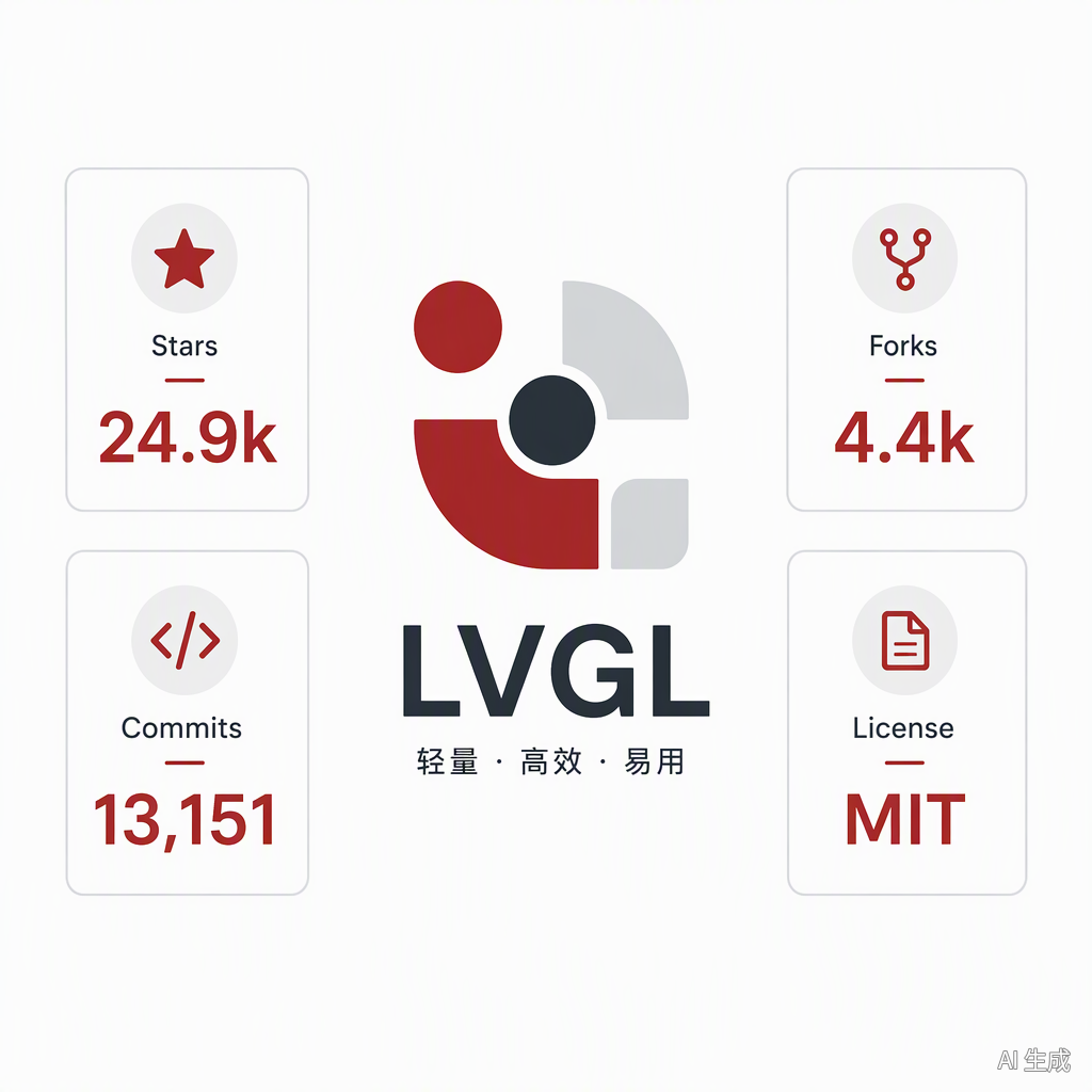 LVGL 项目 Logo 与 Stars、Forks、Commits、License 四项核心指标信息图