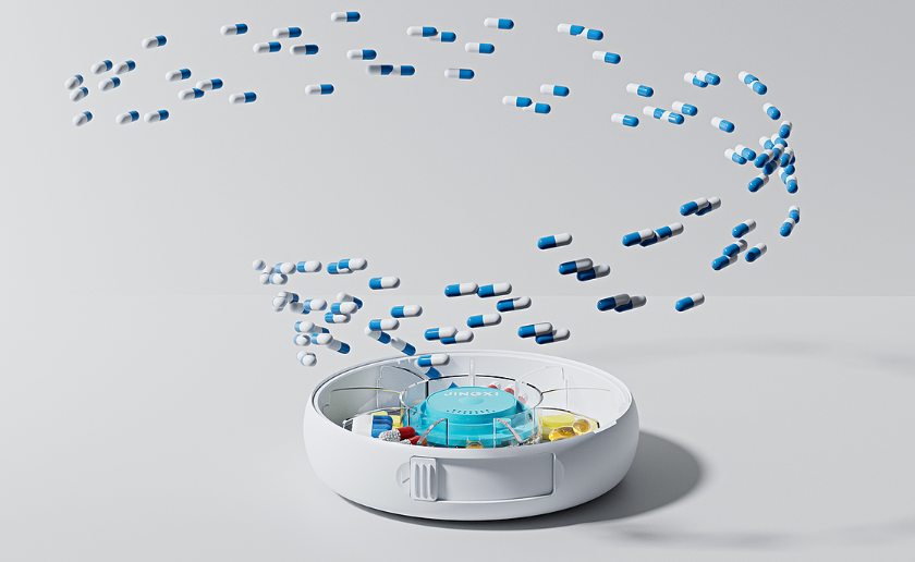 白色智能药盒概念图，展示药丸飞散的动态视觉效果