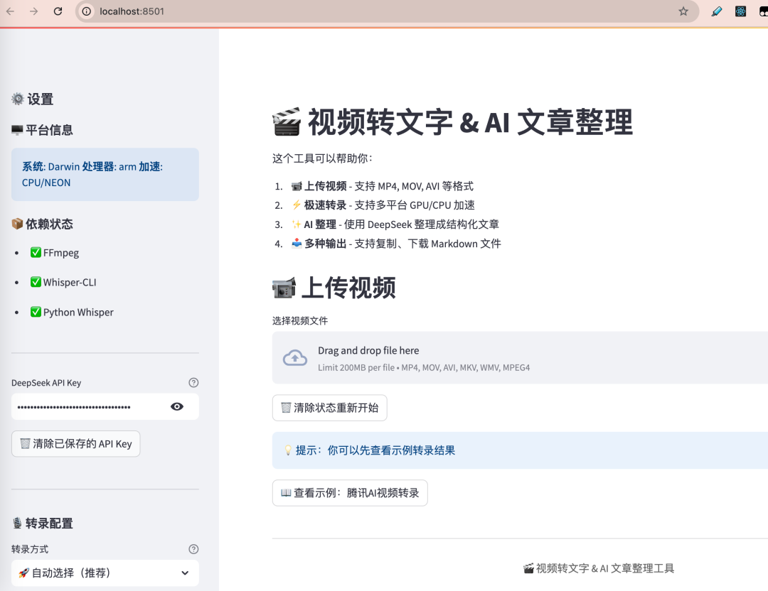 视频转文字与AI文章整理工具界面