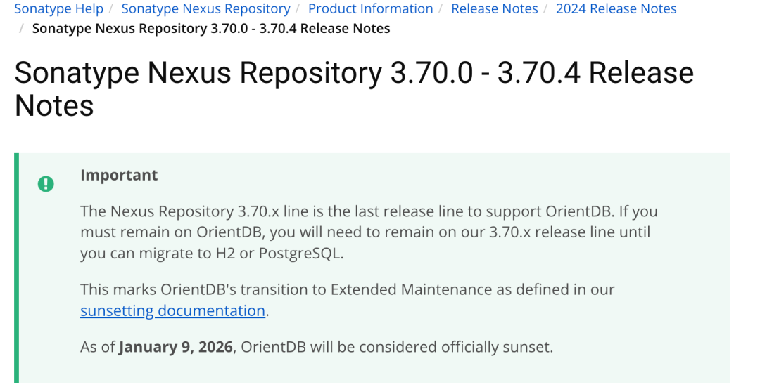 Nexus Repository 3.70.0 - 3.70.4 版本关于 OrientDB 淘汰的警告说明