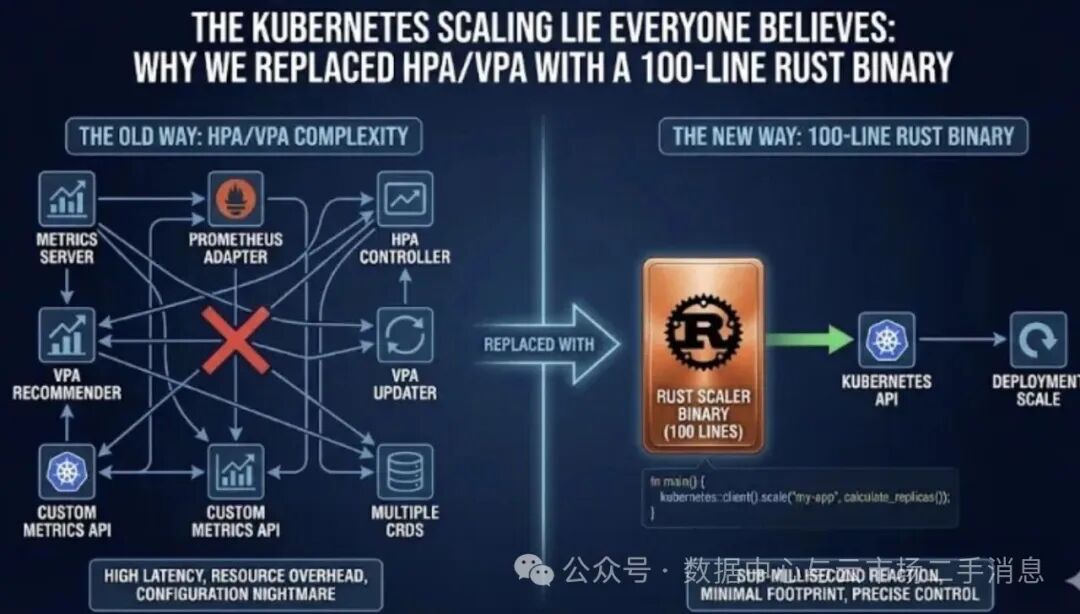 Kubernetes HPA/VPA复杂架构与Rust二进制替代方案对比图