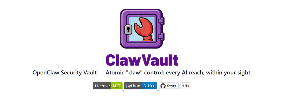 ClawVault项目主页，紫色保险箱图标，红色蟹钳，显示License MIT、Python 3.10+、1.1k Stars