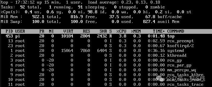 终端中top命令的动态输出，实时显示进程和系统资源占用情况
