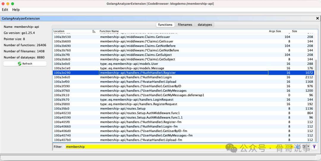 Ghidra分析后显示的Golang函数统计信息