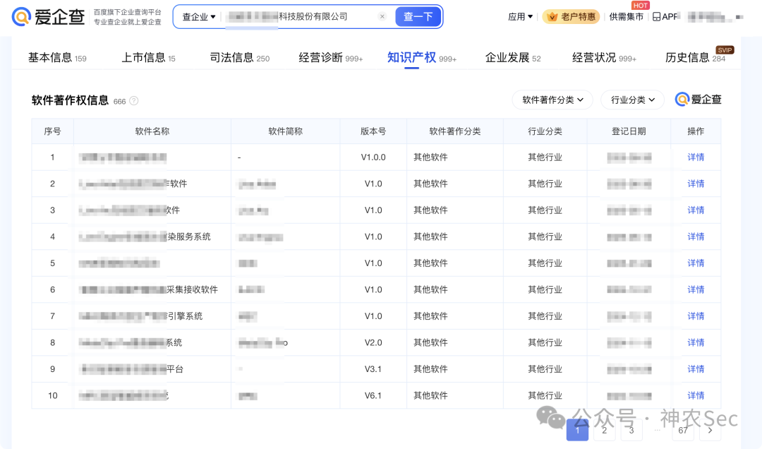某公司软件著作权列表，包含多个系统