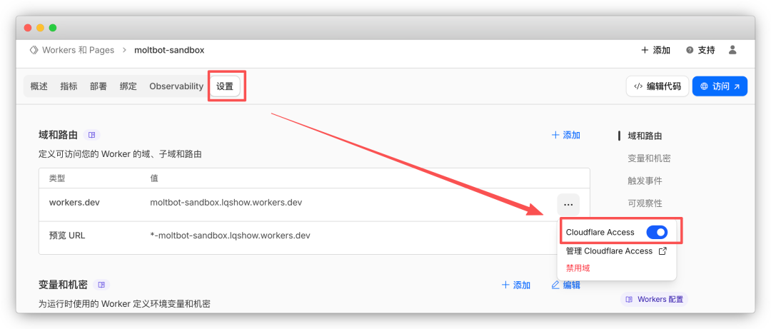 Workers 设置中启用 Cloudflare Access 的选项