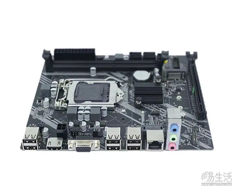 一块黑色 LGA1151 主板的接口特写，可见 USB、HDMI、VGA 及音频接口，水印为 www.eelife.net