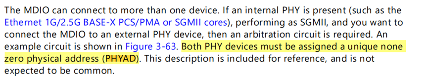 Xilinx手册关于MDIO多设备连接和PHY地址的说明