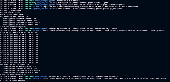 终端日志显示摄像头管理器配置与图像处理信息