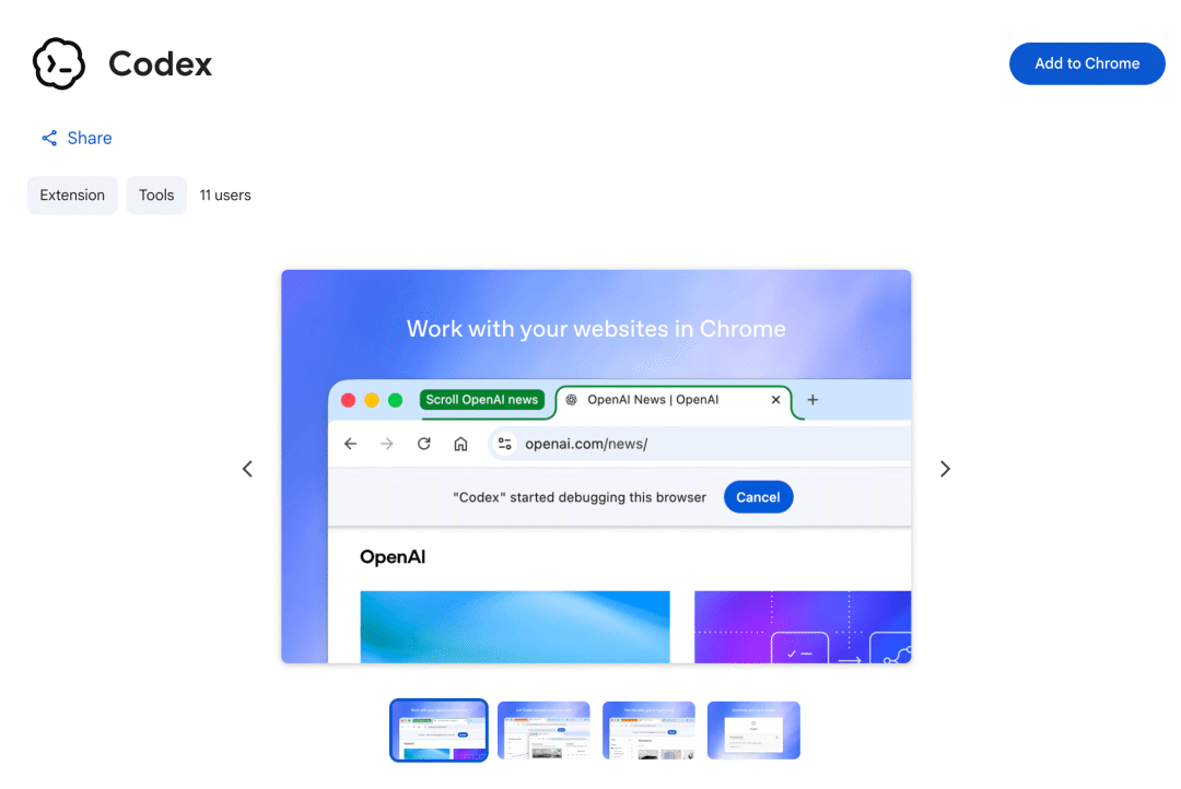 Codex 插件详情页，展示 Works with your websites in Chrome 功能及调试界面