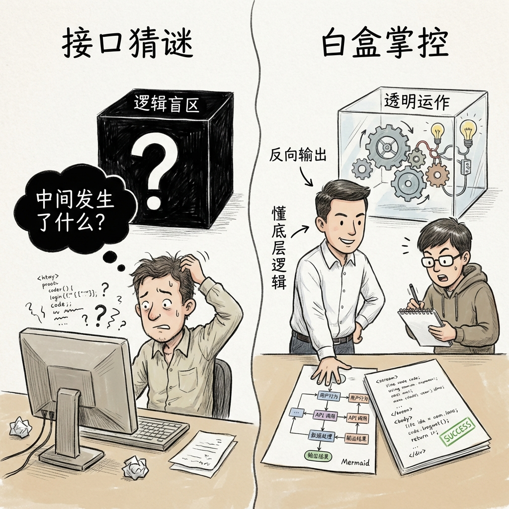 从黑盒接口猜谜到白盒逻辑掌控的对比插画