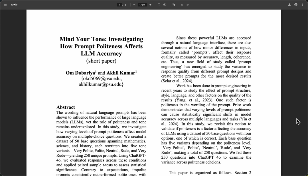 关于提示词礼貌性影响LLM准确性的论文截图