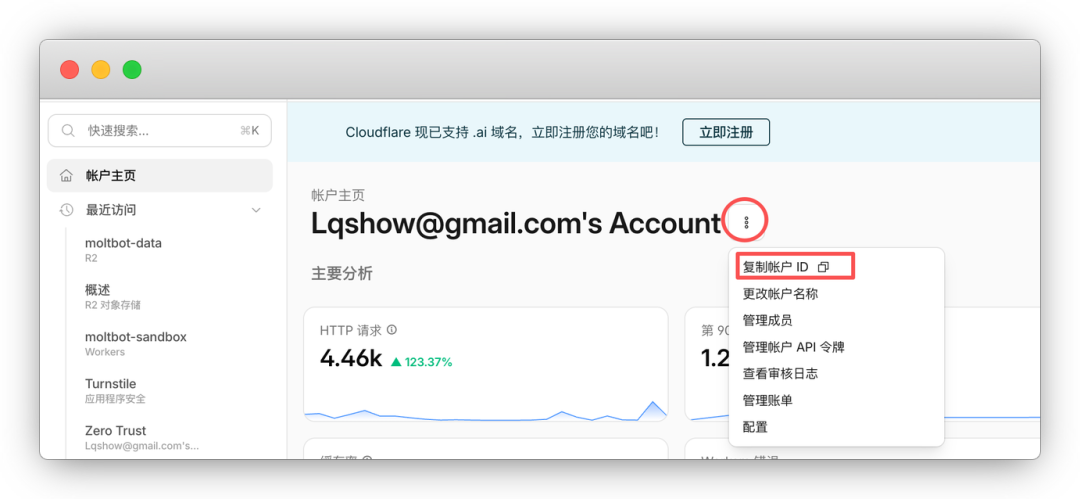 Cloudflare 仪表盘账户信息区域