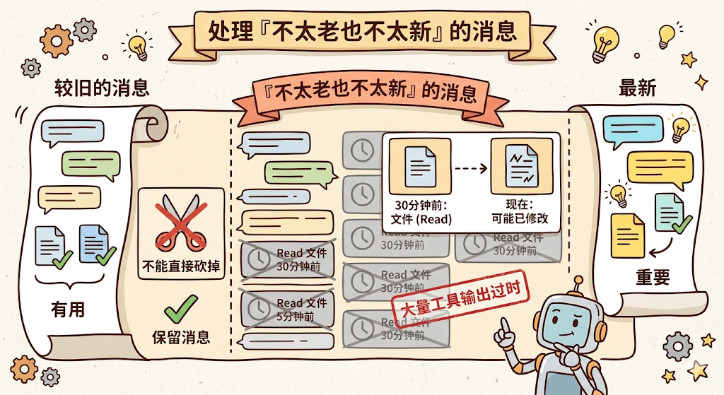 一张关于消息处理策略的插画式信息图,主题为‘处理『不太老也不太新』的消息’。画面中央是一条展开的卷轴,左侧标注‘较旧的消息’,包含多个对话气泡和文件图标,下方有红色剪刀图标(标注‘不能直接砍掉’)及绿色对勾(标注‘保留消息’),并注明‘有用’;中间区域为‘『不太老也不太新』的消息’,以时间线形式展示消息状态变化:30分钟前‘文件 (Read)’→现在‘可能已修改’,并配有‘Read 文件’标签与计时器图标;右侧标注‘最新’,含蓝色、黄色对话气泡、带对勾的文件图标,下方标有‘重要’;右下角有一个机器人形象,手指向上指;画面中还出现‘大量工具输出过时’的红色印章字样;顶部横幅标题为‘处理『不太老也不太新』的消息’,周围点缀齿轮、灯泡、星星等小图标。