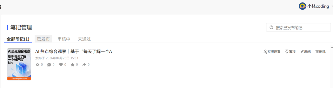 笔记管理界面：AI 热点综合观察已成功发布至小红书，展示权限设置、置顶、编辑、删除功能