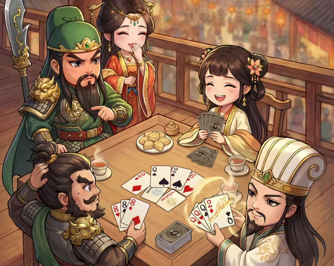 卡通风格的三国人物打牌场景插画