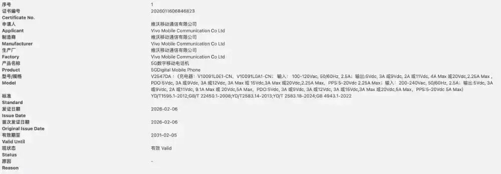 vivo V2547DA 型号设备认证证书截图