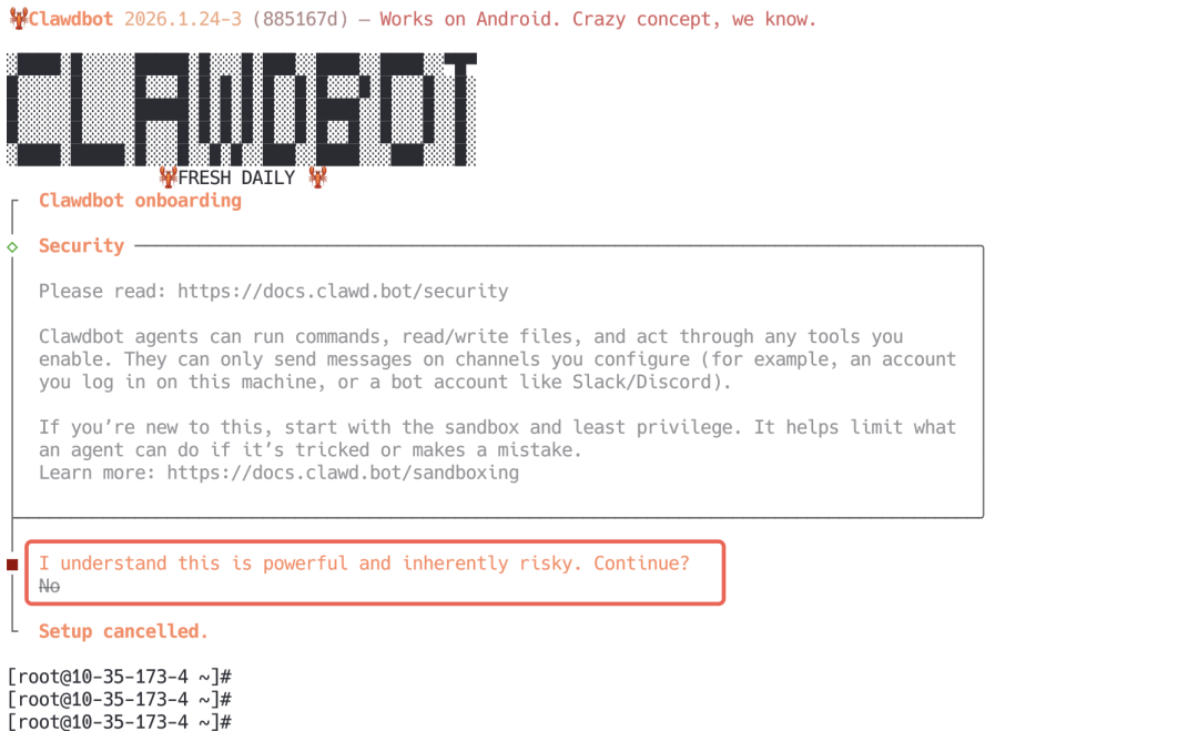 Clawdbot 终端安装与安全提示界面