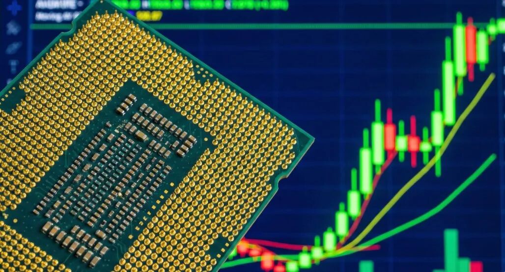 CPU芯片特写与股票K线图