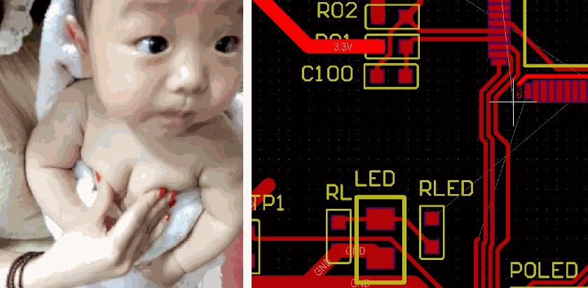 左侧是婴儿,右侧是复杂的PCB电路板布局图