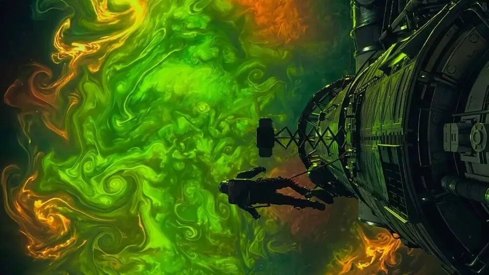 宇航员背对镜头，漂浮在绚丽星云前